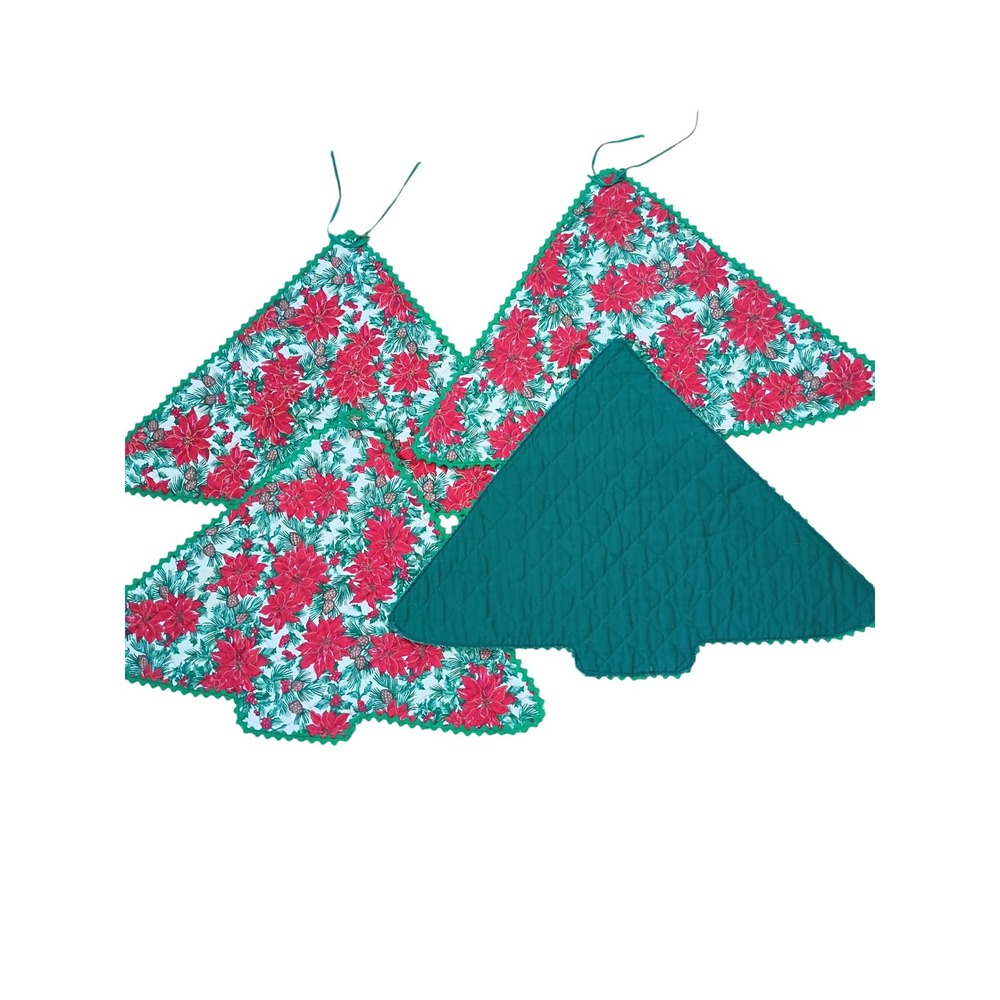 Vintage Quilted Christmas Tree Placemats Poinsettia Pinecone Set of 4 Green Red
